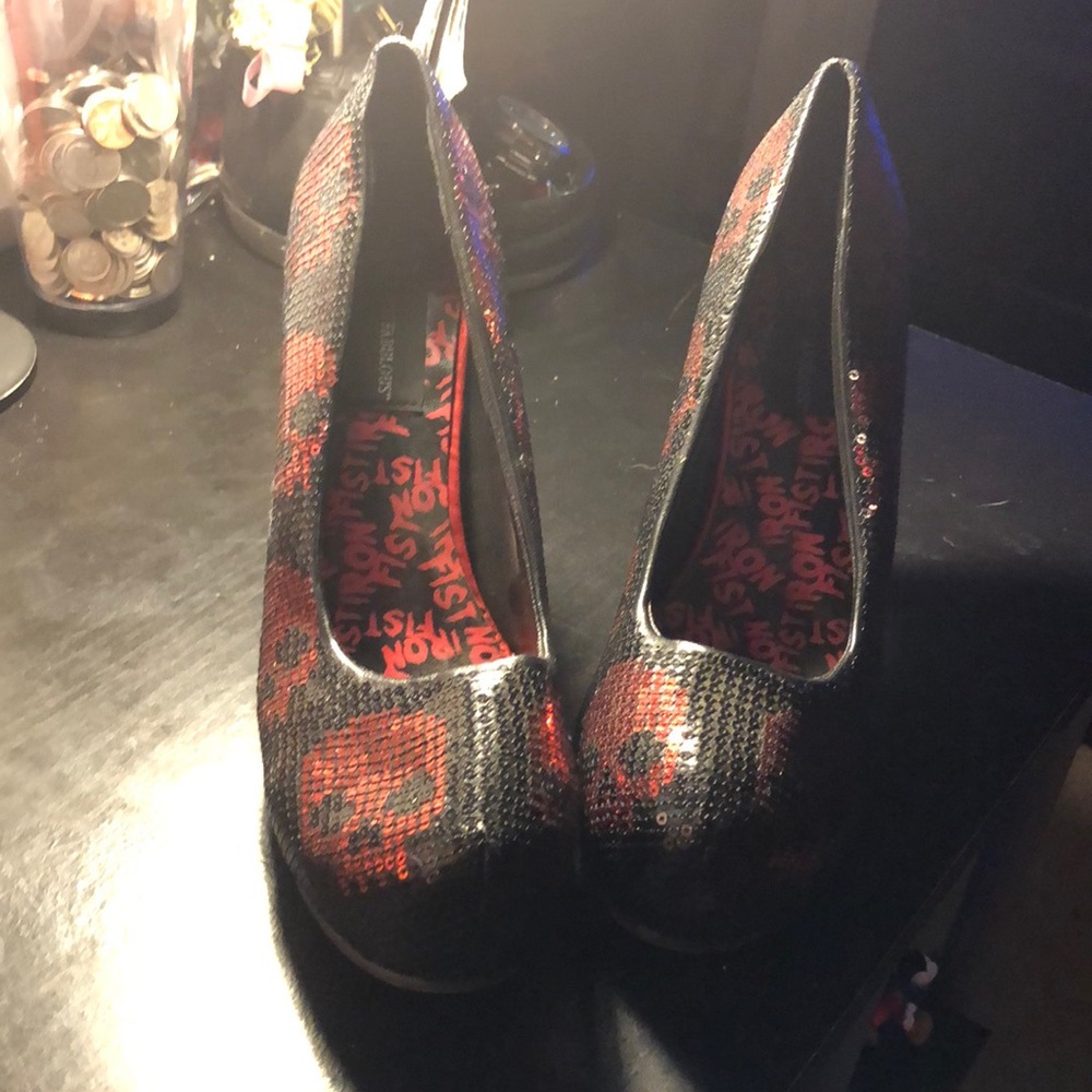 Black and red skull heels
